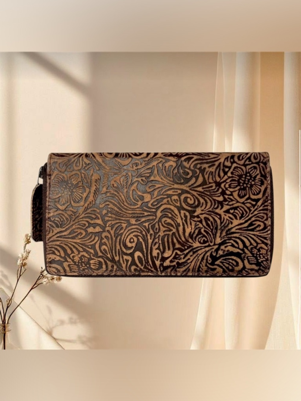 Embossed Floral Leather Zip Wallet - Brown and Black